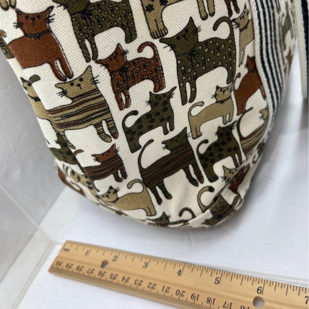 Cat-Print Canvas Tote Bag With Zipper Closure & Striped Handles 18"x12"x5" 76c - Picture 7 of 8